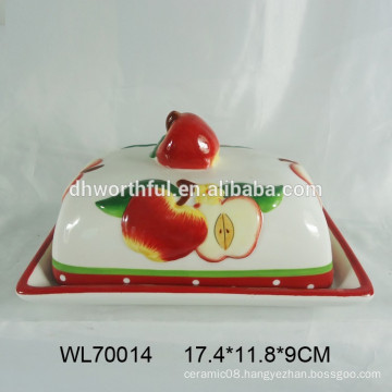 Handpainting apple design ceramic bread plate with lid